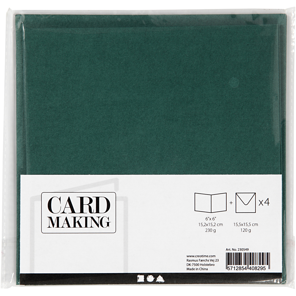 Kort och kuvert, kortstl. 15,2x15,2 cm, kuvertstl. 16x16 cm, 230 g, mörkgrön, 4 set/ 1 förp.