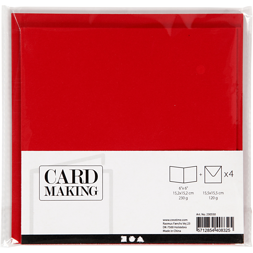 Kort och kuvert, kortstl. 15,2x15,2 cm, kuvertstl. 16x16 cm, 230 g, röd, 4 set/ 1 förp.