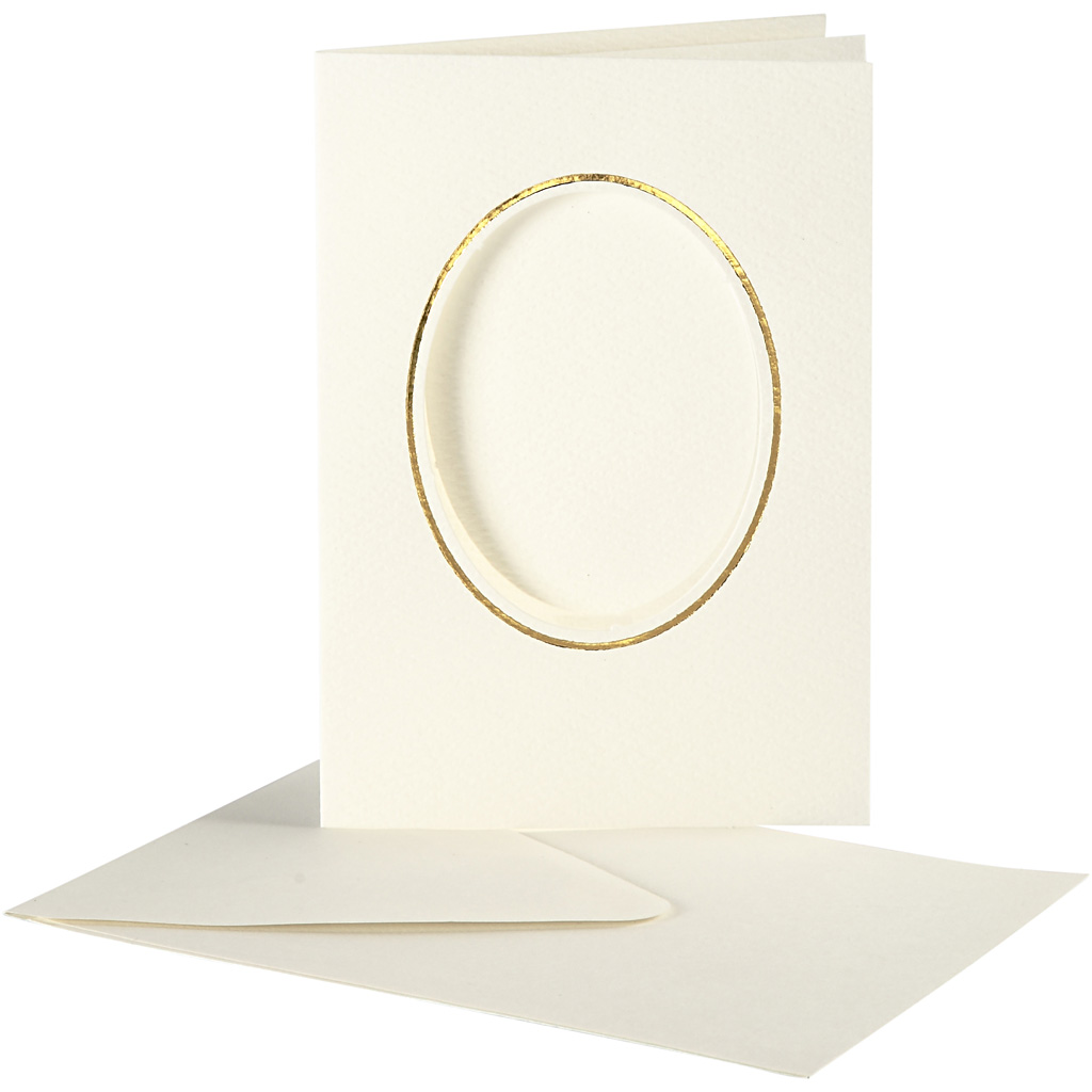 Passepartoutkort med kuvert, oval med guldkant, kortstl. 10,5x15 cm, kuvertstl. 11,5x16,5 cm, råvit, 10 set/ 1 förp.
