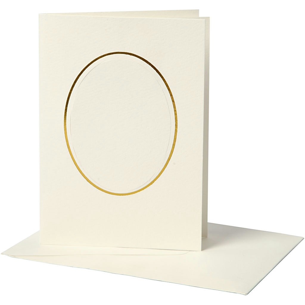 Passepartoutkort med kuvert, oval med guldkant, kortstl. 10,5x15 cm, kuvertstl. 11,5x16,5 cm, råvit, 10 set/ 1 förp.