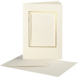 Passepartoutkort med kuvert, rektangulära med guldkant, kortstl. 10,5x15 cm, kuvertstl. 11,5x16,5 cm, råvit, 10 set/ 1 förp.
