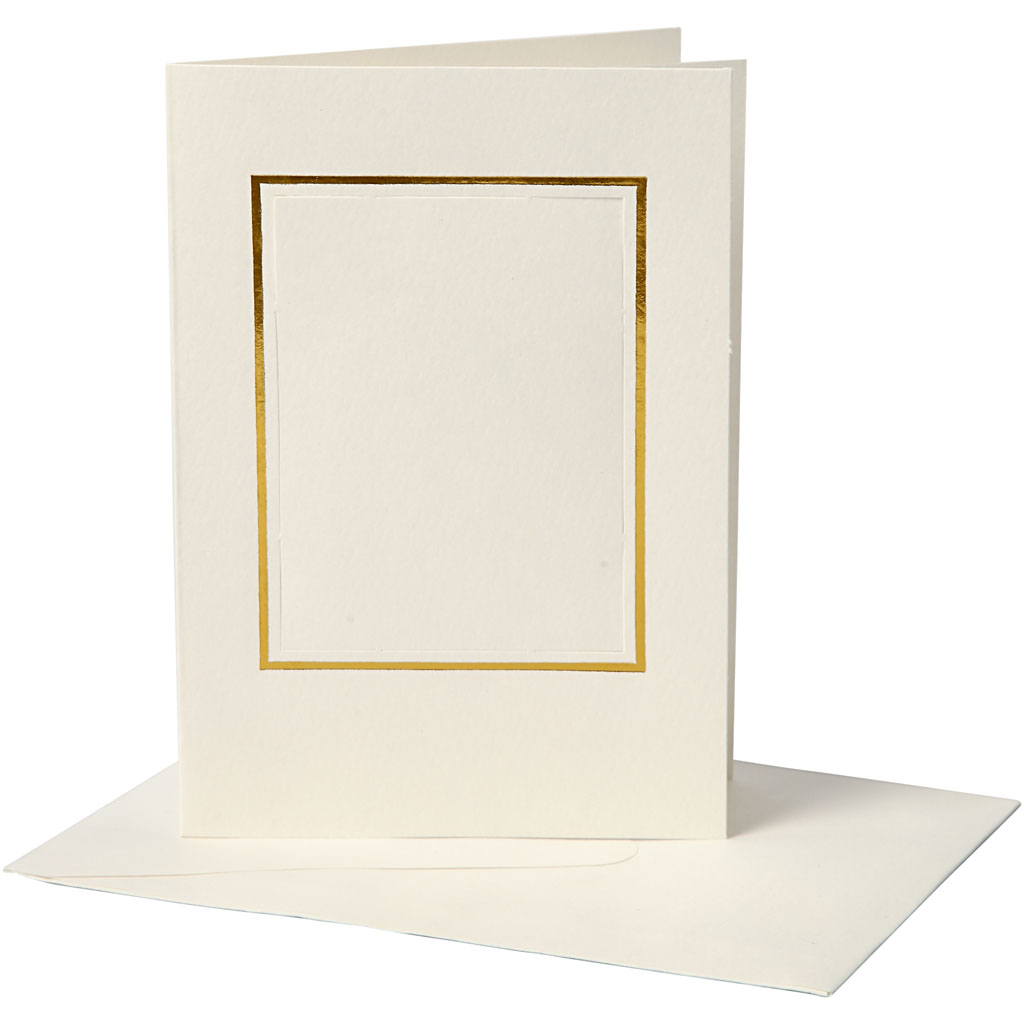 Passepartoutkort med kuvert, rektangulära med guldkant, kortstl. 10,5x15 cm, kuvertstl. 11,5x16,5 cm, råvit, 10 set/ 1 förp.
