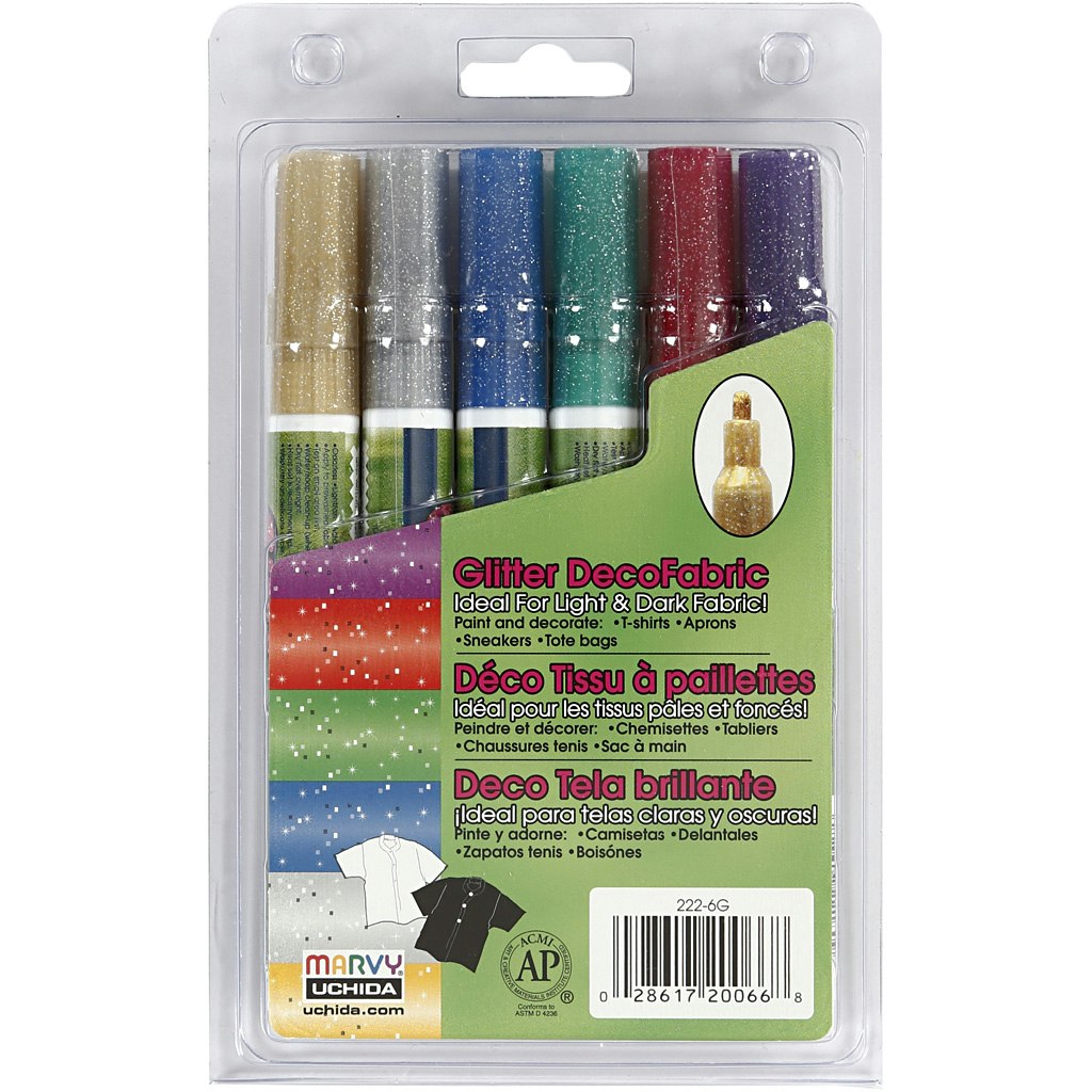 Deco textilpennor, spets 3 mm, glitter färger, 6 st./ 1 förp.