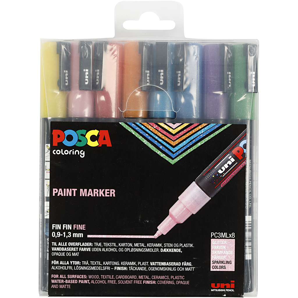 Posca Marker , nr. PC-3ML, spets 0,9-1,3 mm, glitter färger, 8 st./ 1 förp.