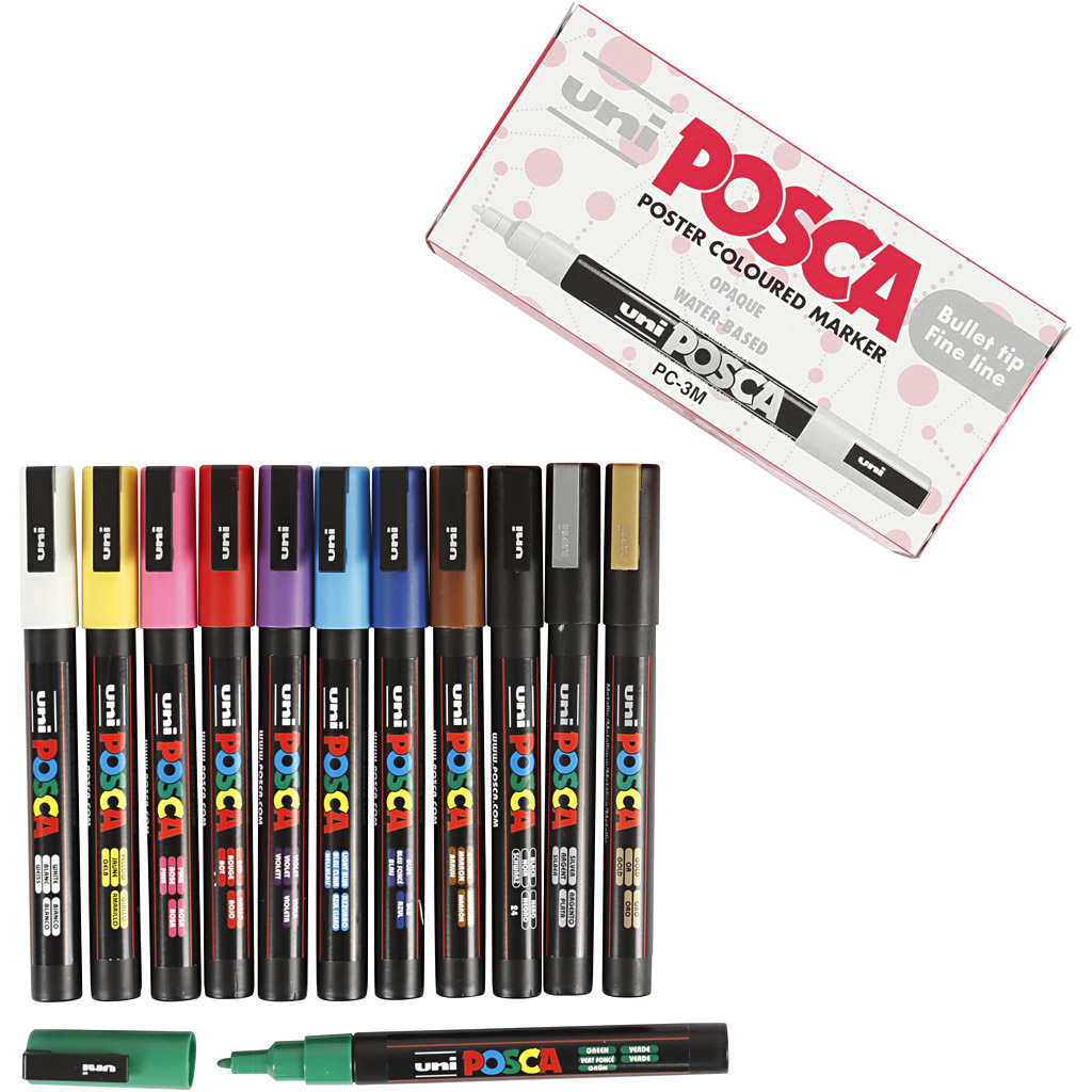 Posca Marker , nr. PC-3M, spets 0,9-1,3 mm, mixade färger, 12 st./ 1 förp.