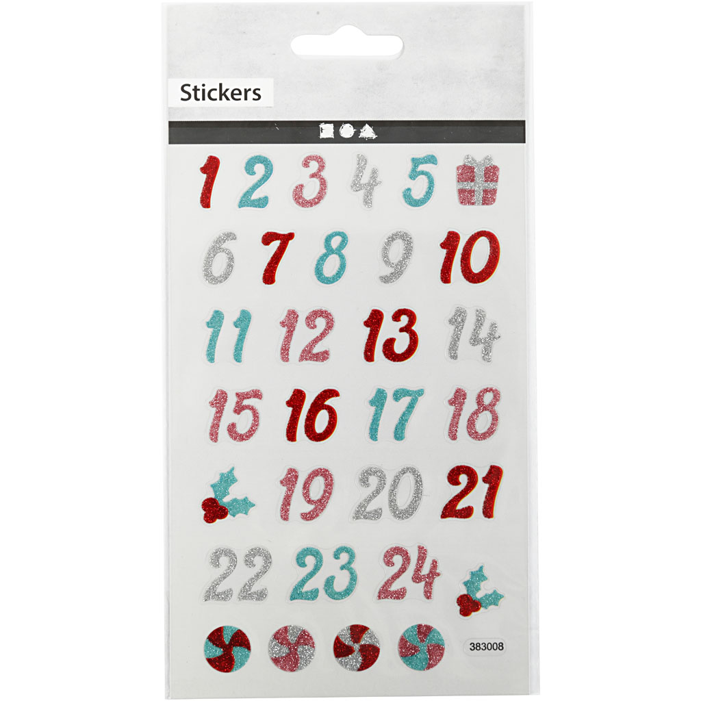 Glitterstickers, kalendersiffror, 10x16 cm, 1 ark