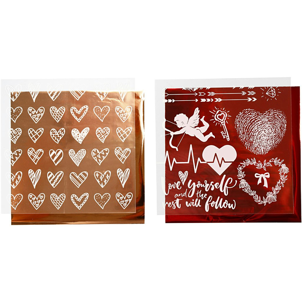 Dekorationsfolie och limark med motiv, hjärta och kärlek, 15x15 cm, röd, 2x2 ark/ 1 förp.