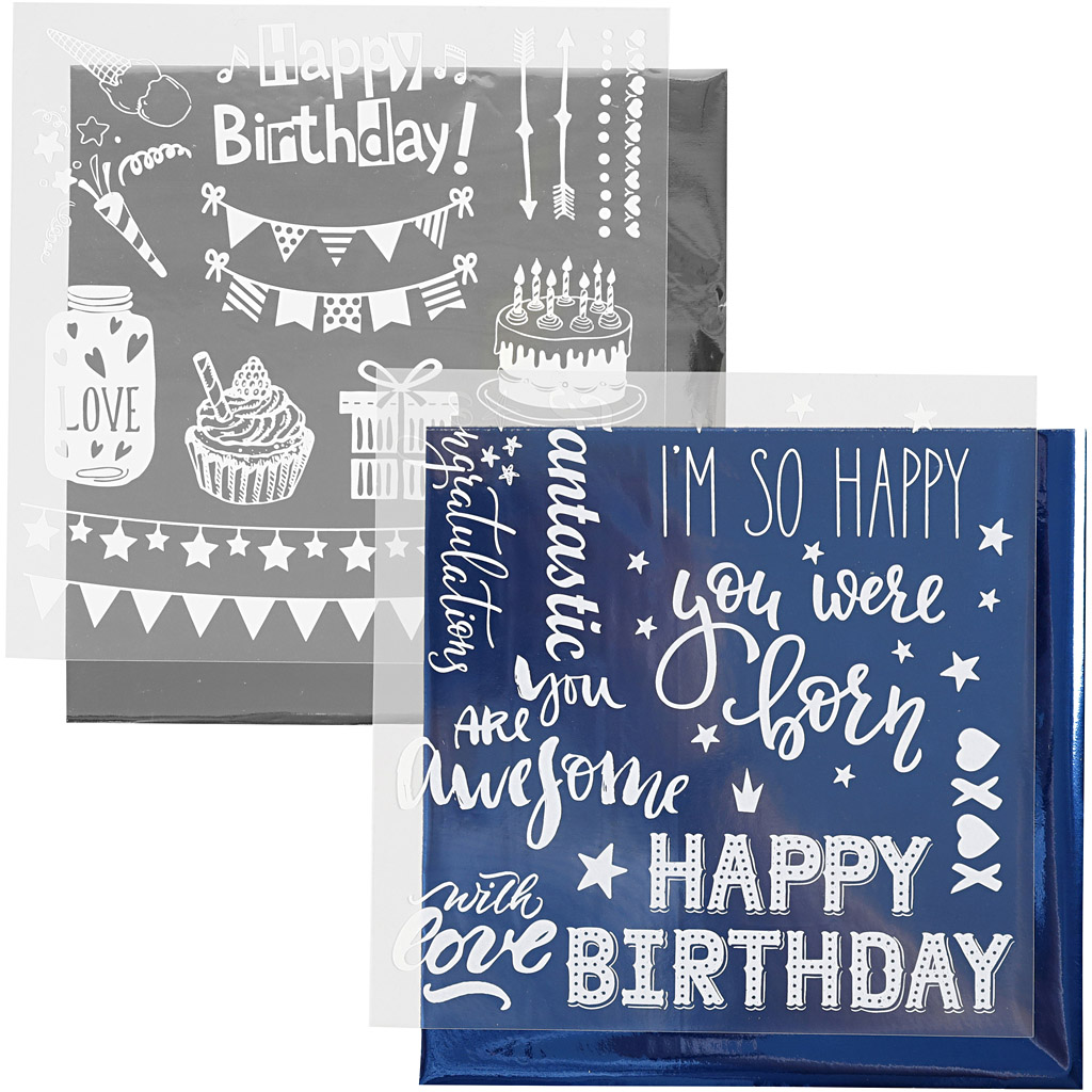 Dekorationsfolie och limark med motiv, födelsedag, 15x15 cm, mörkblå, silver, 2x2 ark/ 1 förp.