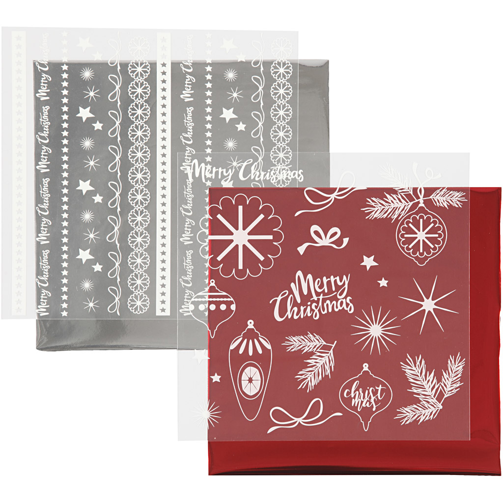 Dekorationsfolie och limark med motiv, Magisk jul, 15x15 cm, röd, silver, 2x2 ark/ 1 förp.