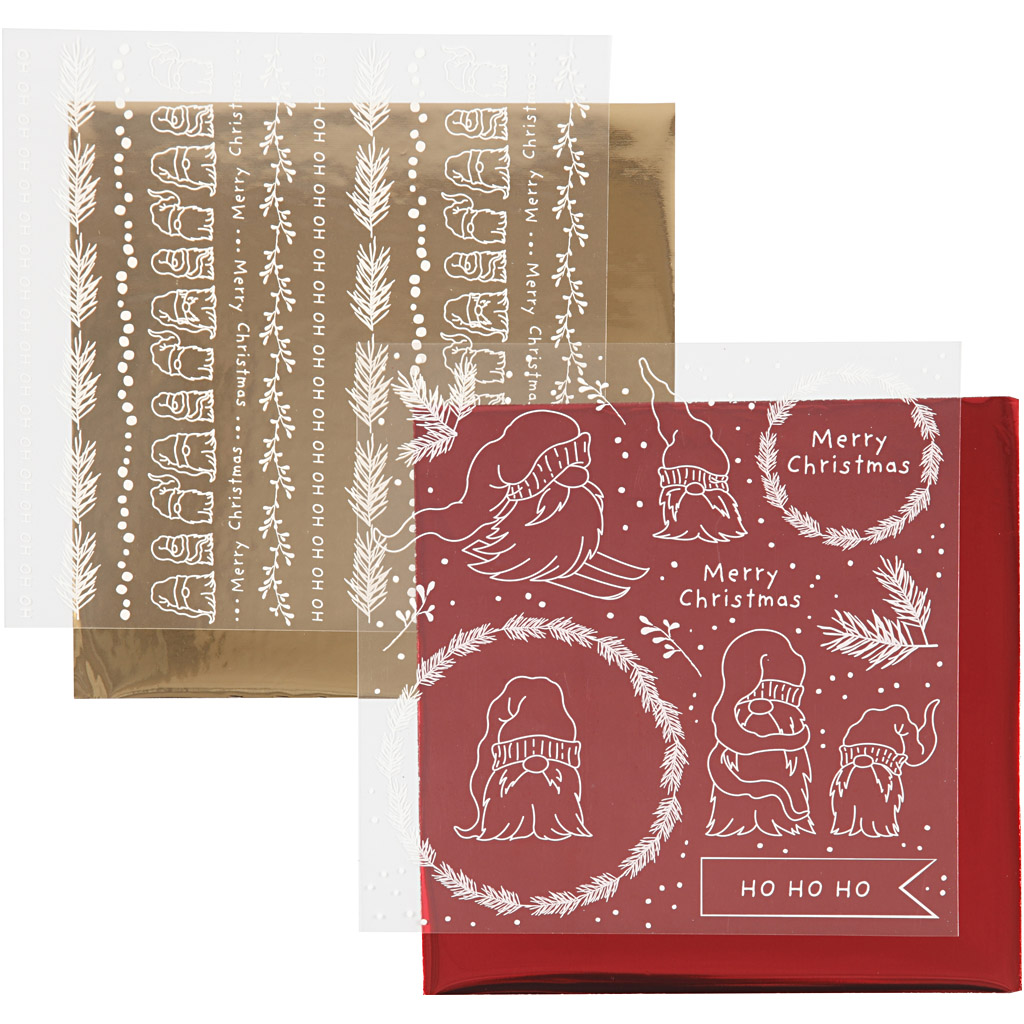 Dekorationsfolie och limark med motiv, Traditionell jul, 15x15 cm, guld, röd, 2x2 ark/ 1 förp.