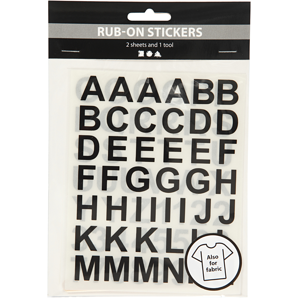 Rub-on stickers, bokstäver och siffror, H: 17 mm, 12,2x15,3 cm, svart, 1 förp.