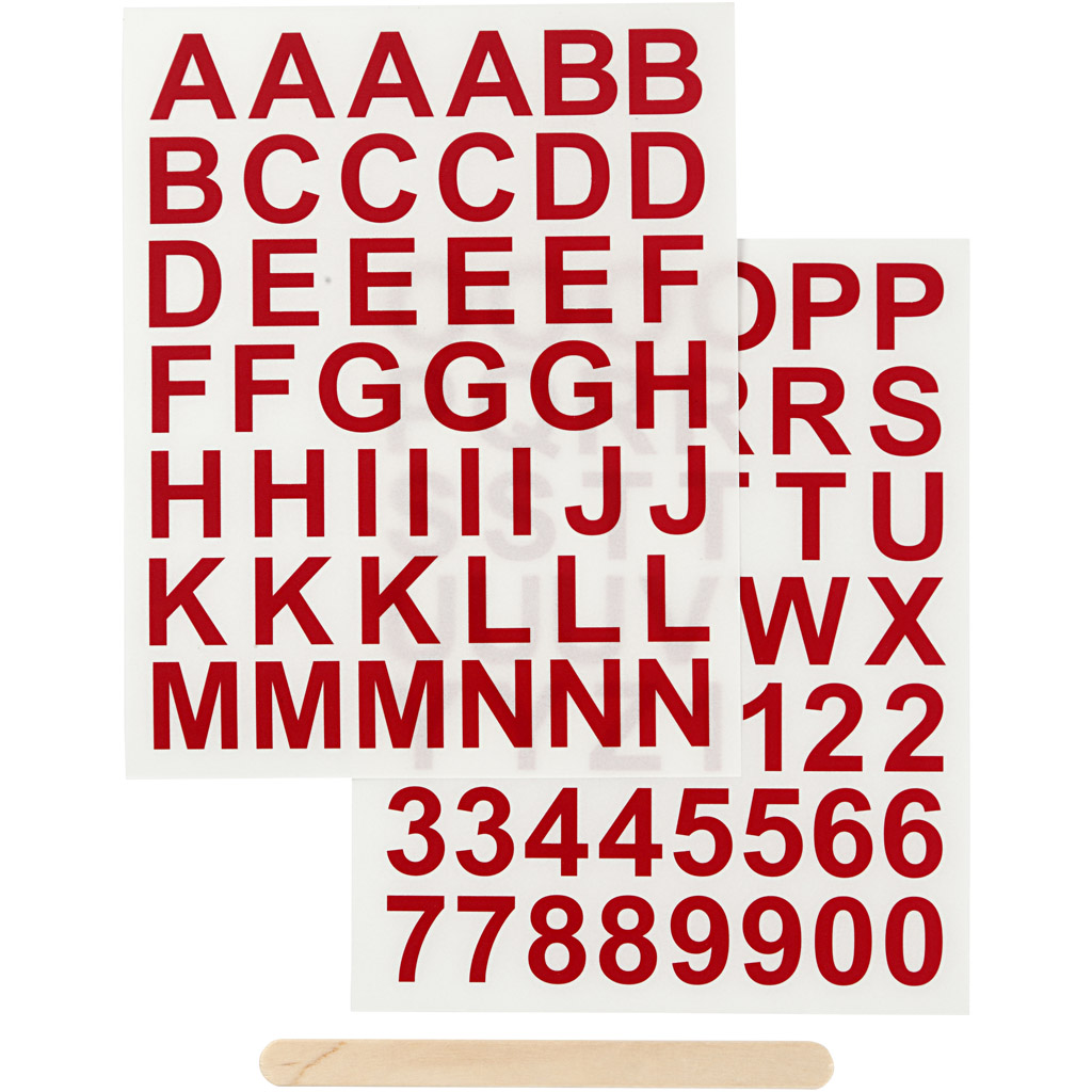 Rub-on stickers, bokstäver och siffror, H: 17 mm, 12,2x15,3 cm, röd, 1 förp.