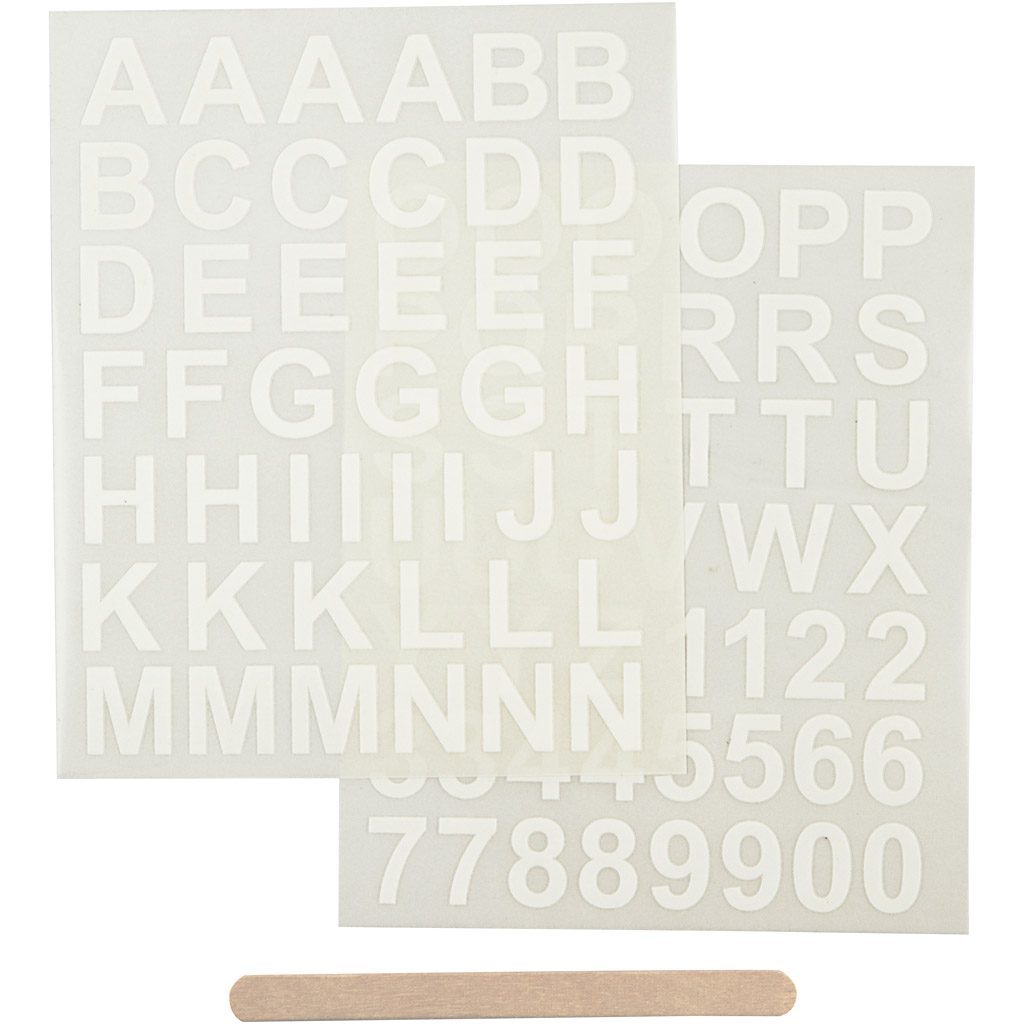 Rub-on stickers, bokstäver och siffror, H: 17 mm, 12,2x15,3 cm, vit, 1 förp.