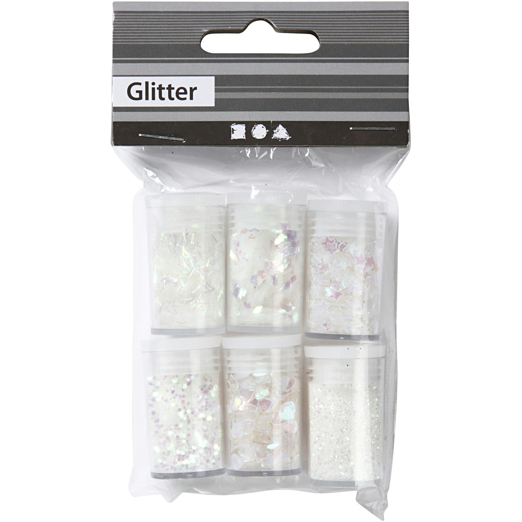 Glitter och paljetter, vit, 6x5 g/ 1 förp.