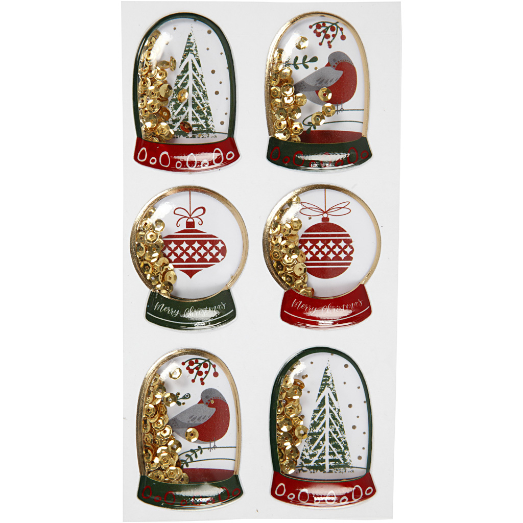 Shaker stickers, fåglar, trä och julkulor, stl. 49x32+45x36 mm, guld, 6 st./ 1 förp.