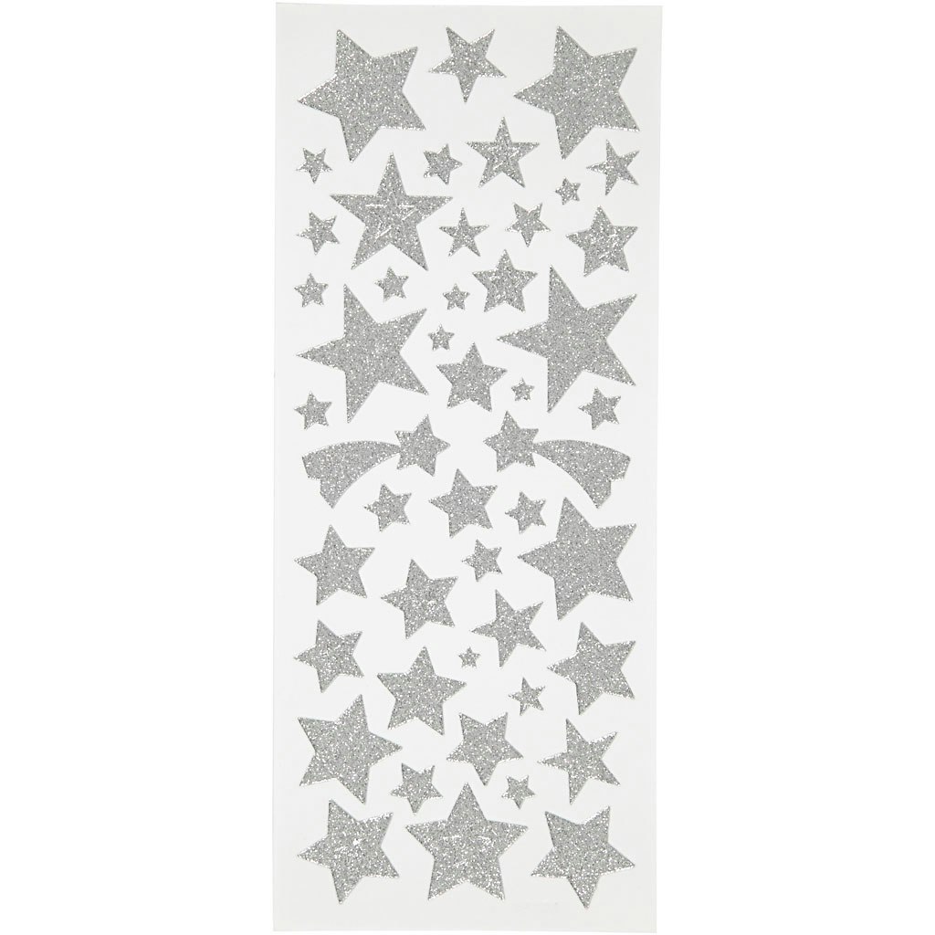 Glitterstickers, stjärnor, 10x24 cm, silver, 2 ark/ 1 förp.
