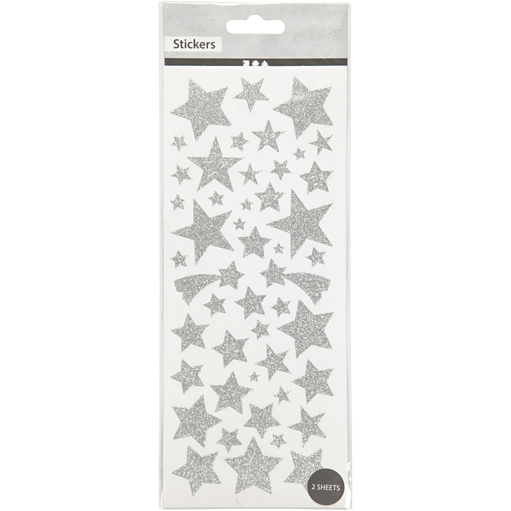 Glitterstickers, stjärnor, 10x24 cm, silver, 2 ark/ 1 förp.