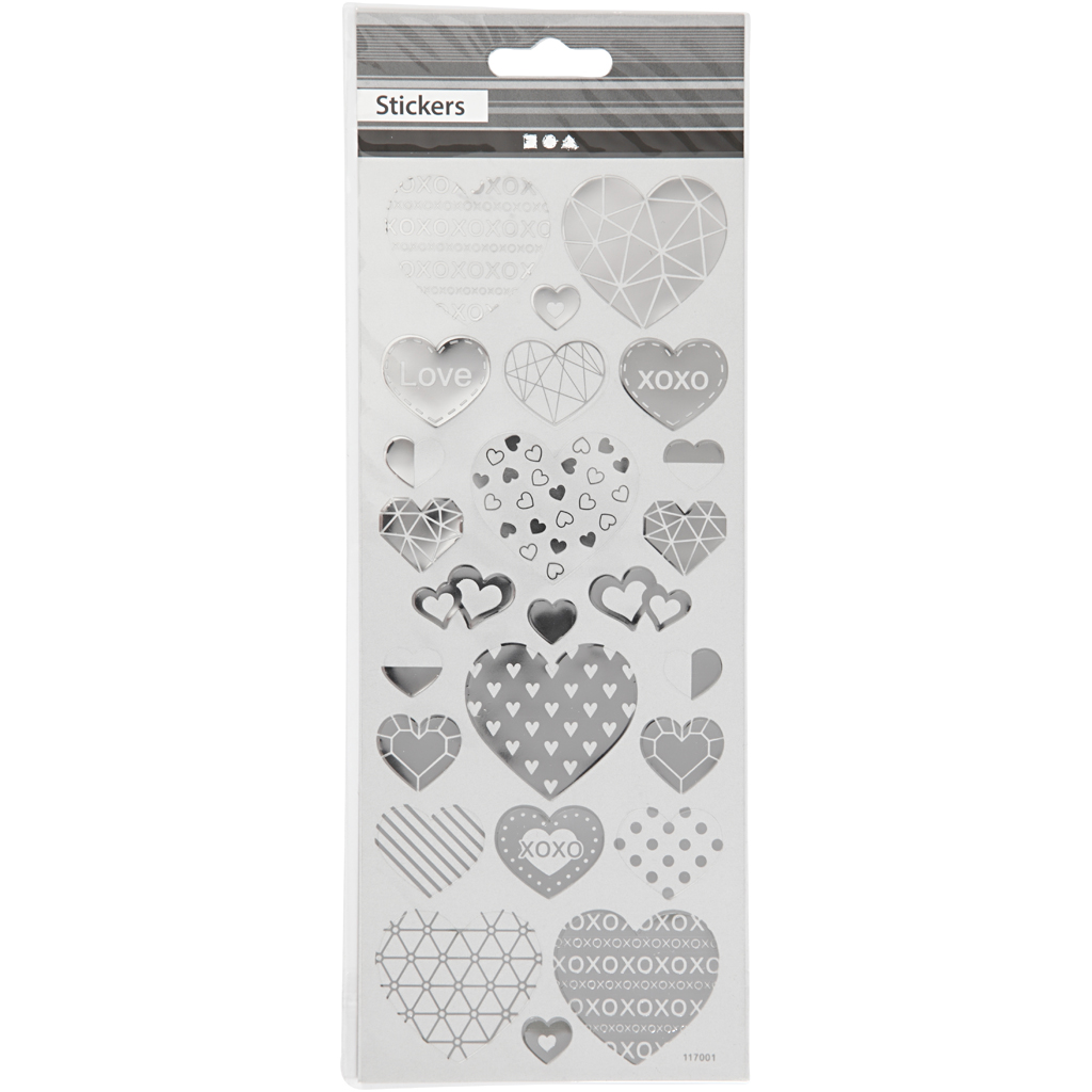 Stickers, hjärtan, 10x24 cm, silver, 1 ark