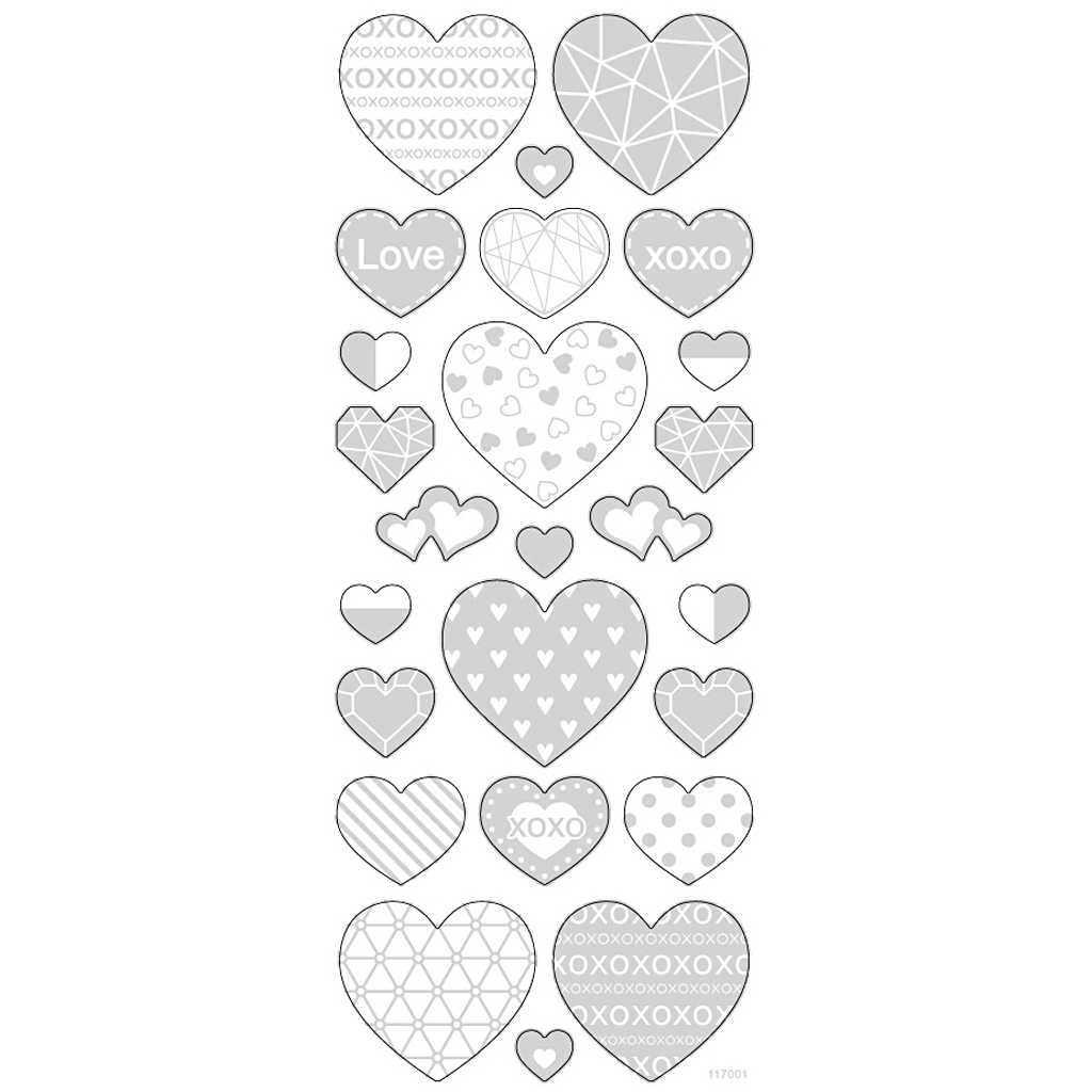 Stickers, hjärtan, 10x24 cm, silver, 1 ark