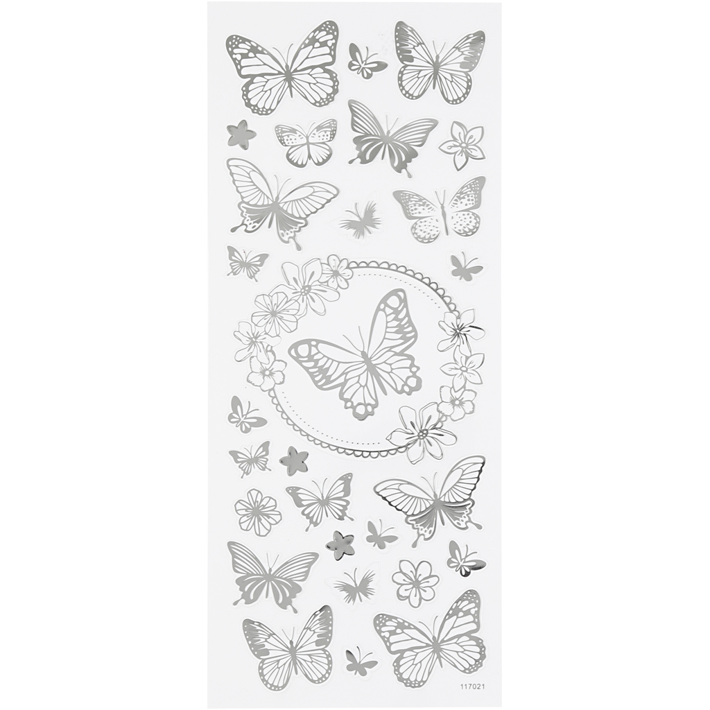 Stickers, fjäril, 10x24 cm, silver, 1 ark