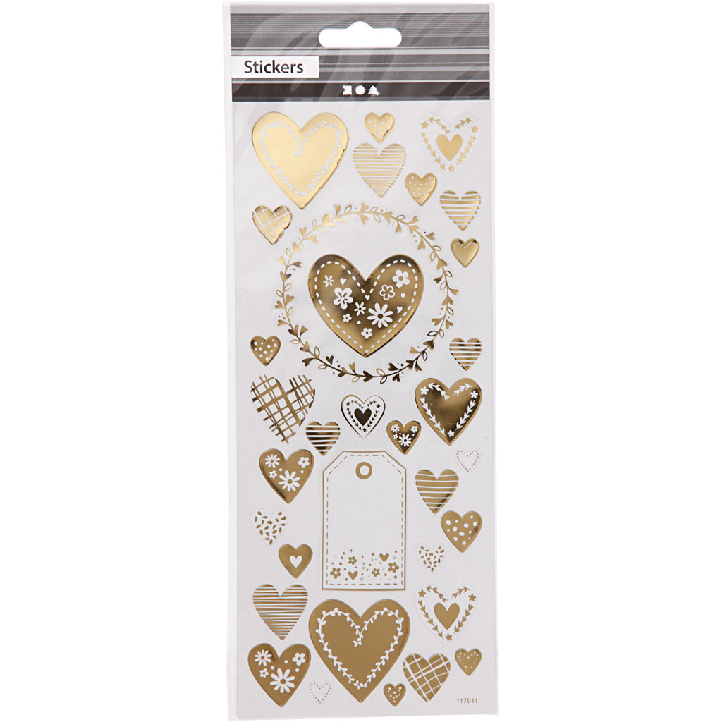 Stickers, hjärtan, 10x24 cm, guld, 1 ark