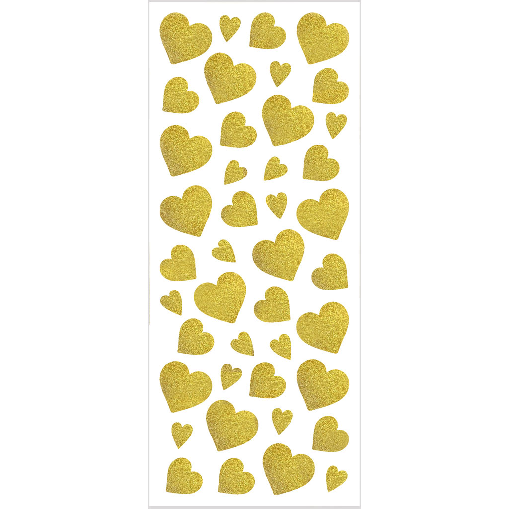 Glitterstickers, hjärtan, 10x24 cm, guld, 2 ark/ 1 förp.