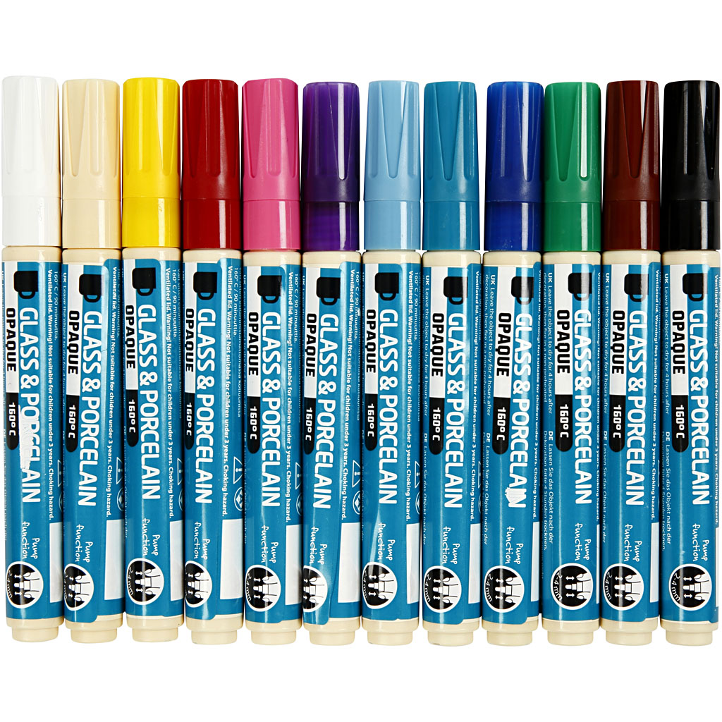 Porslin- och glaspenna, spets 2-4 mm, täckande, mixade färger, 12 st./ 1 förp.