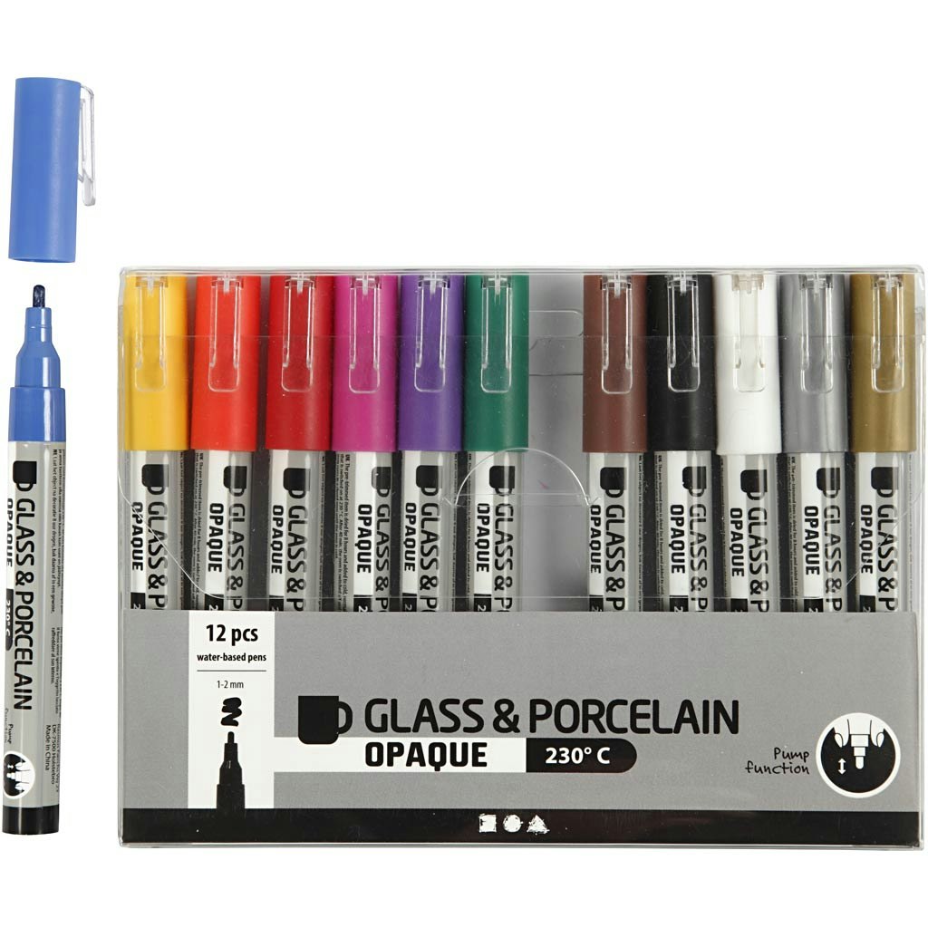 Glas- och porslinstusch, spets 1-2 mm, semi opaque, mixade färger, 12 st./ 1 förp.