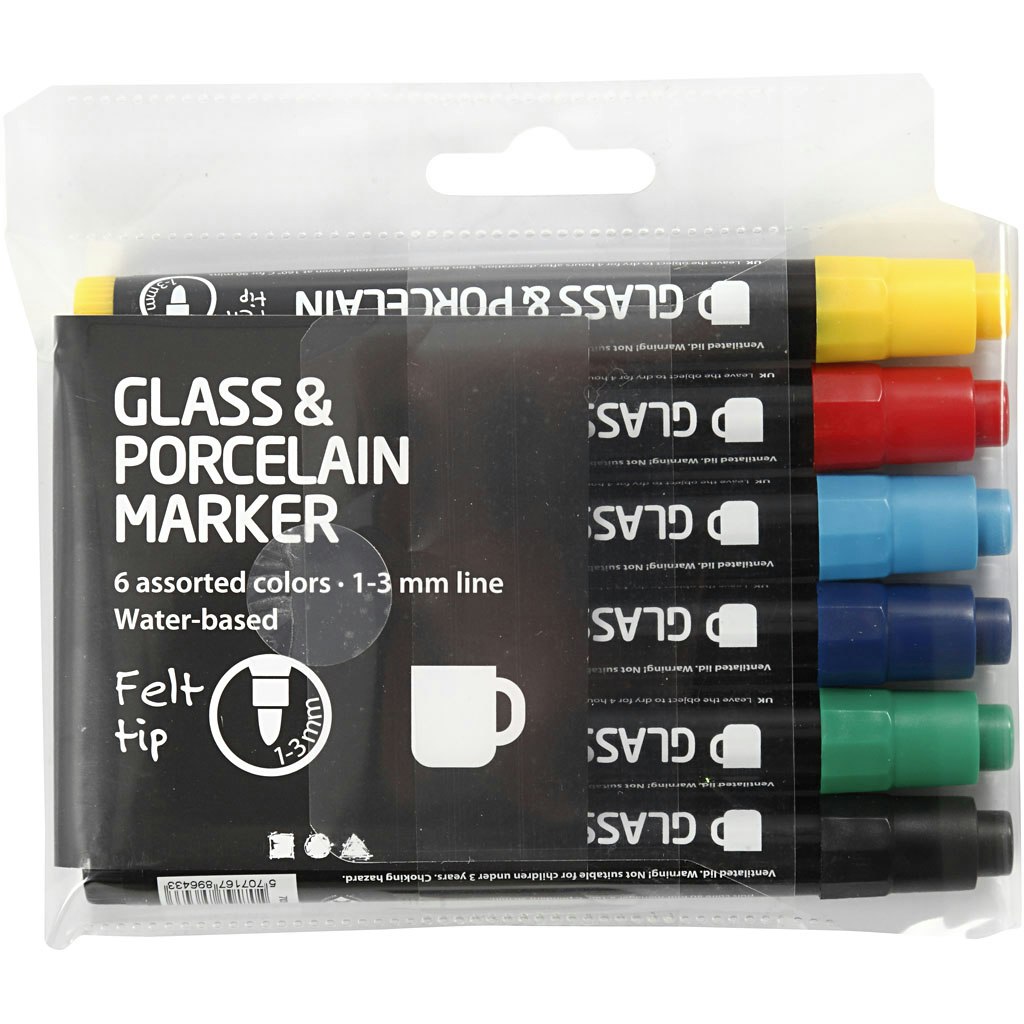 Glas- och porslinstusch, spets 1-3 mm, semi opaque, standardfärger, 6 st./ 1 förp.
