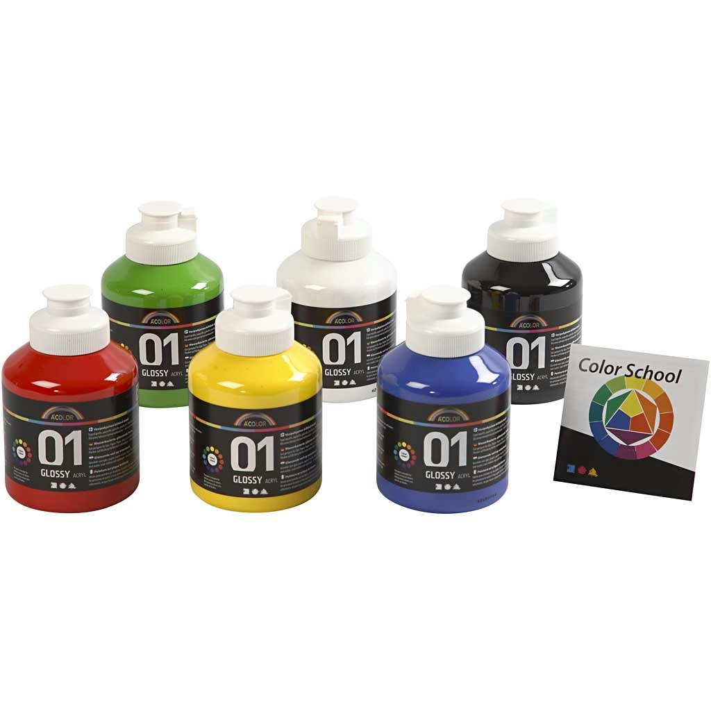 Skolfärg akryl, blank, blank, primärfärger, 6x500 ml/ 1 förp.