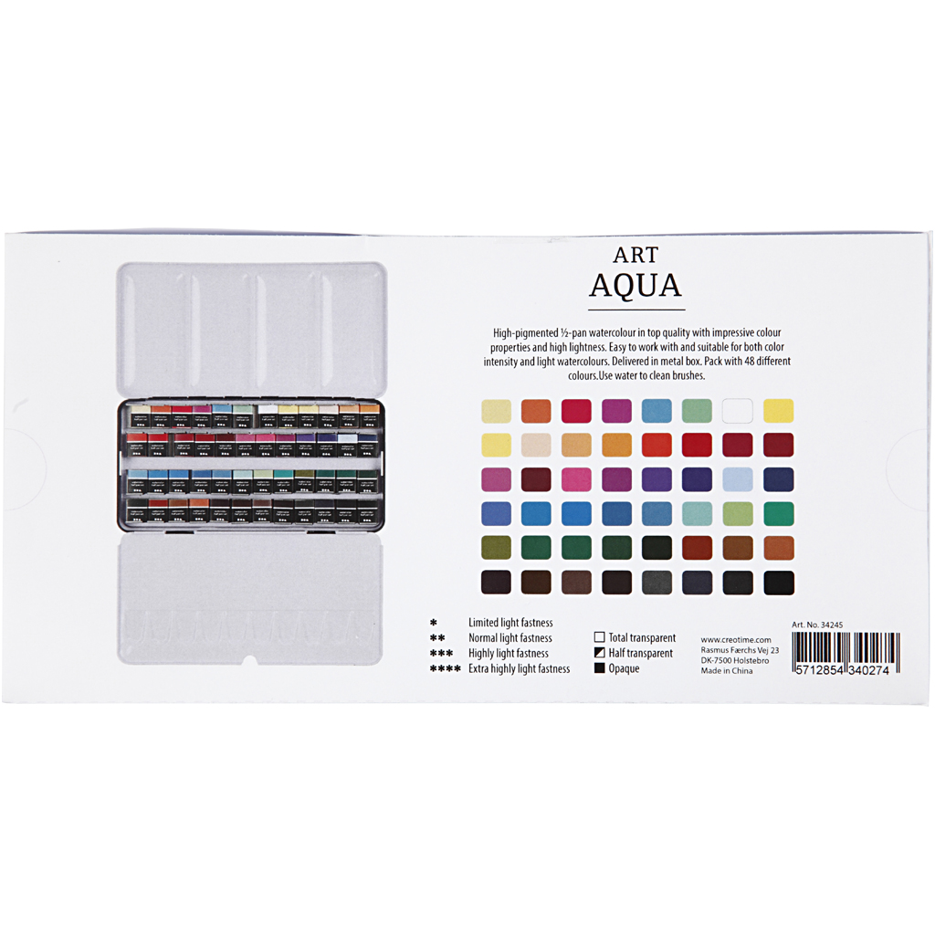 Art Aqua akvarellfärger, ½-pan, stl. 10x20 mm, mixade färger, 48 färg/ 1 förp.