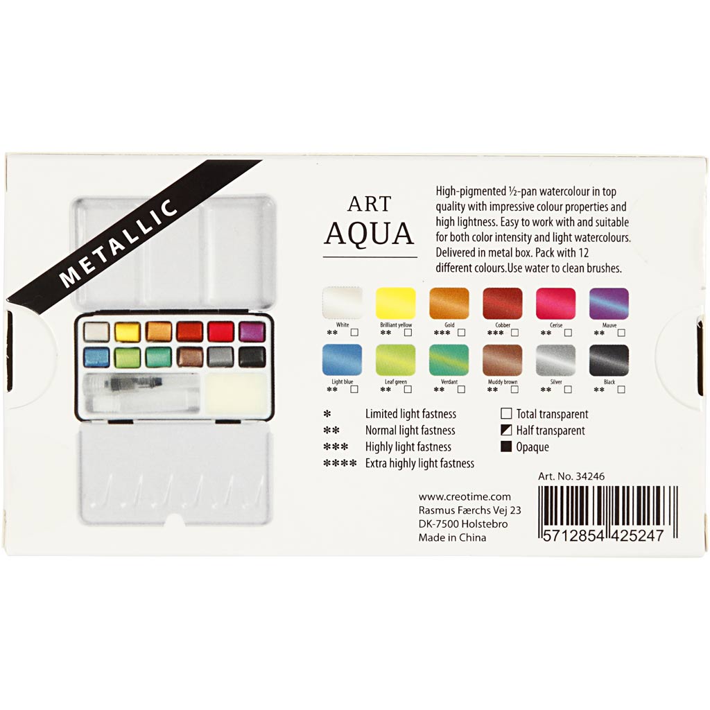 Art Aqua akvarellfärger, stl. 10x15 mm, metallicfärger, 12 färg/ 1 förp.