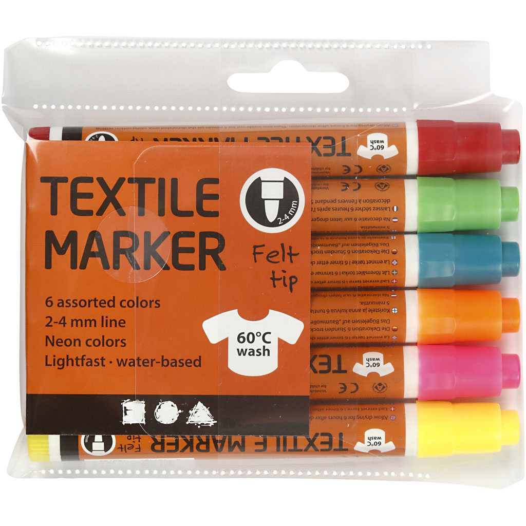 Textilpennor, spets 2-4 mm, neonfärger, 6 st./ 1 förp.