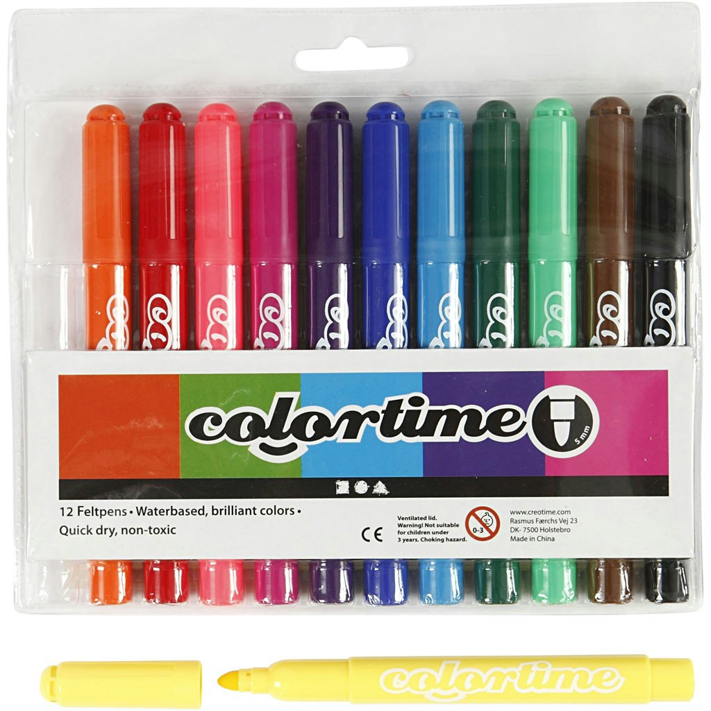 Colortime tuschpennor, spets 5 mm, standardfärger, 12 st./ 1 förp.