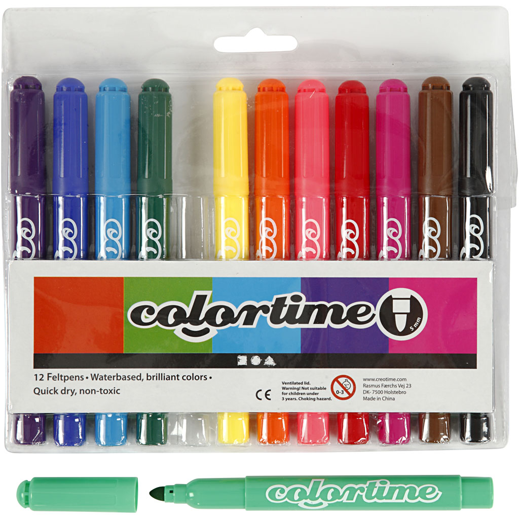 Colortime tuschpennor, spets 5 mm, standardfärger, 12 st./ 1 förp.