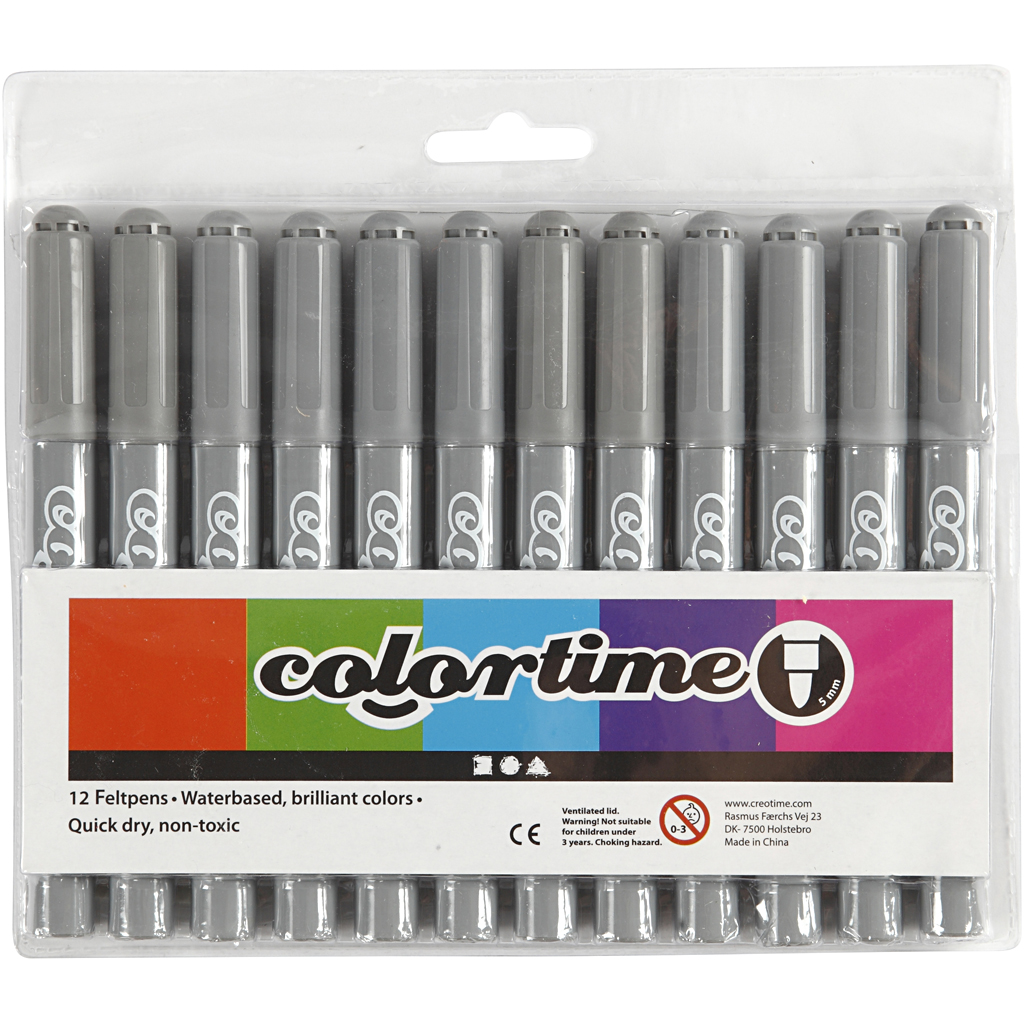 Colortime tuschpennor, spets 5 mm, grå, 12 st./ 1 förp.