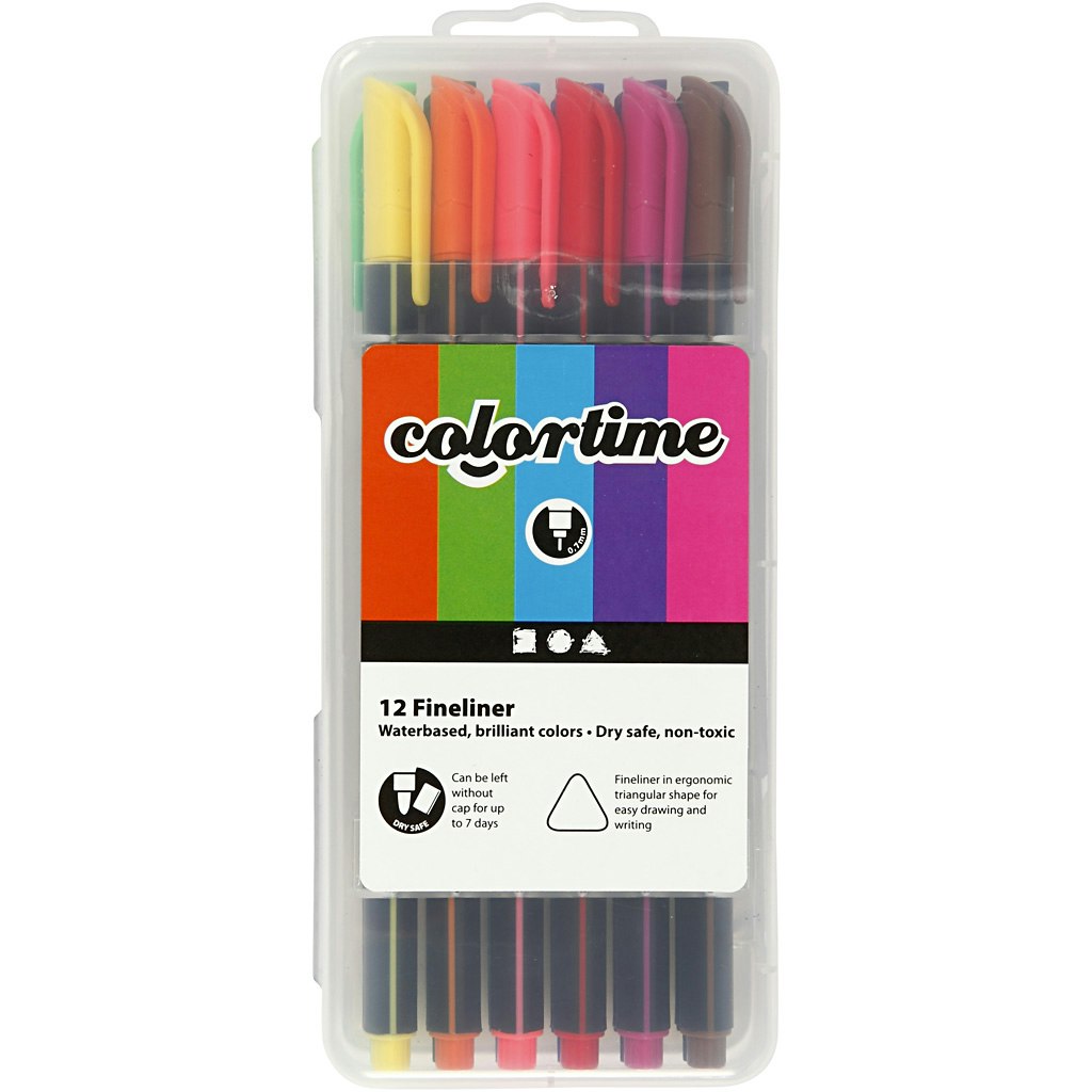 Colortime Fineliner Tusch, spets 0,6-0,7 mm, mixade färger, 12 st./ 1 förp.