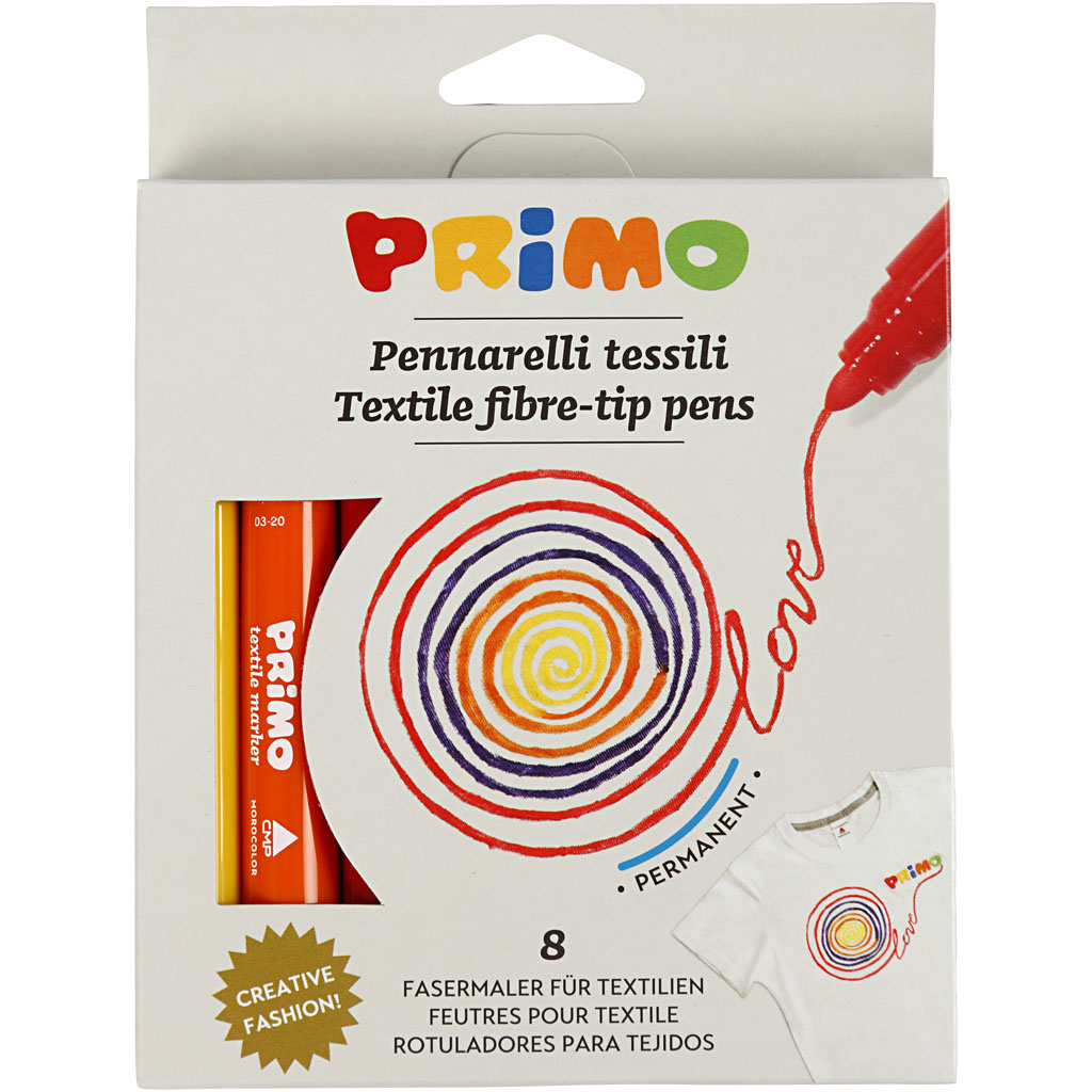 PRIMO textiltuschpennor, mixade färger, 8 st./ 1 förp.