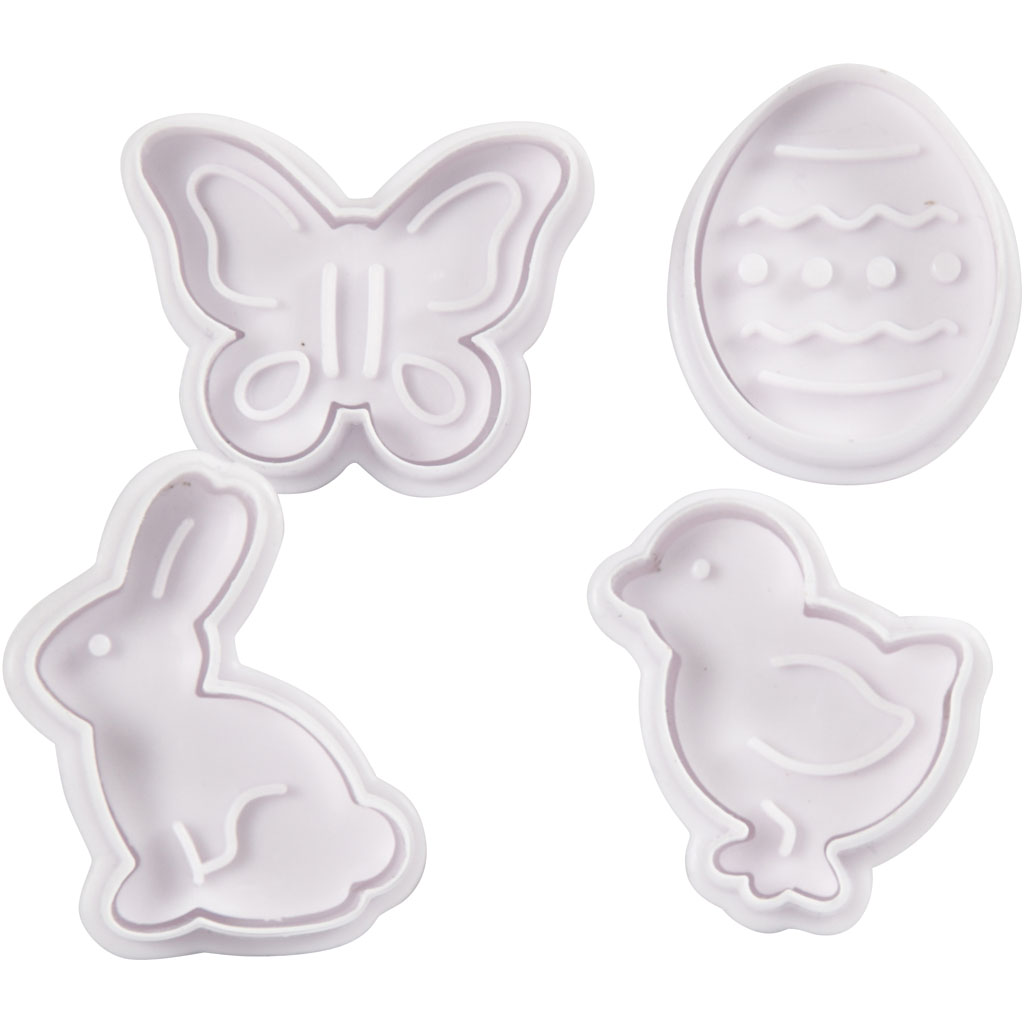 Utsticksform med prägel, påskägg, hare, kyckling, fjäril, H: 5 cm, vit, 4 st./ 1 förp.