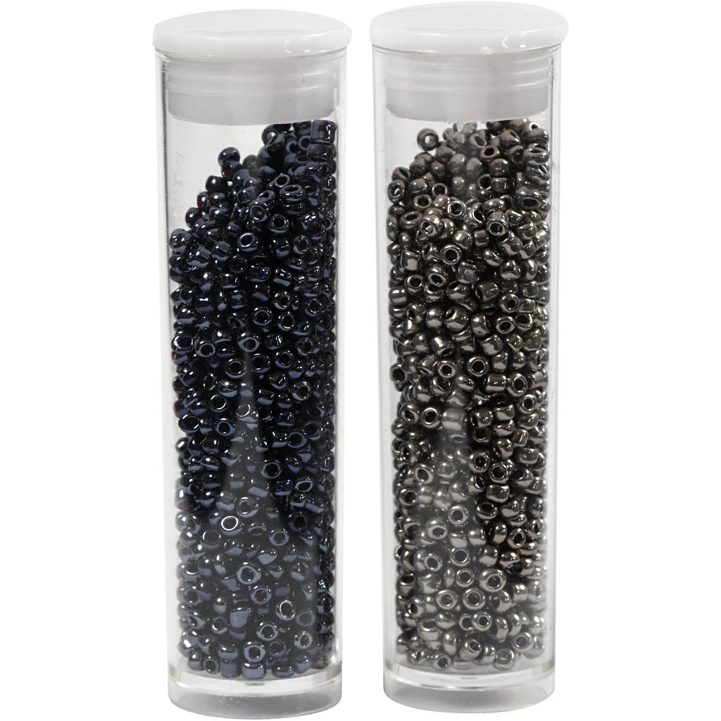 Rocaipärlor, Dia. 1,7 mm, stl. 15/0 , Hålstl. 0,5-0,8 mm, svart, mörkmetallicgrå, 2x7 g/ 1 förp.