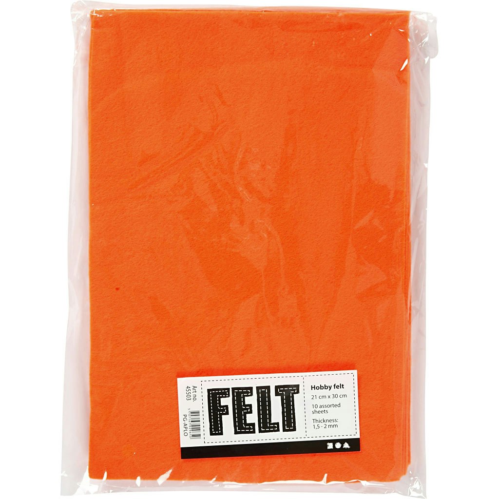 Hobbyfilt, A4, 210x297 mm, tjocklek 1,5-2 mm, orange, 10 ark/ 1 förp.