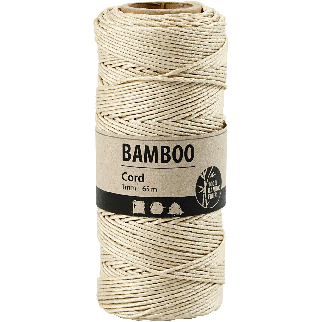 Bambusnöre, tjocklek 1 mm, råvit, 65 m/ 1 rl.