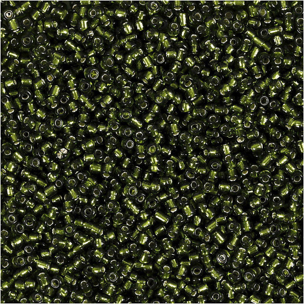Rocaipärlor, Dia. 1,7 mm, stl. 15/0 , Hålstl. 0,5-0,8 mm, gräsgrön, 25 g/ 1 förp.