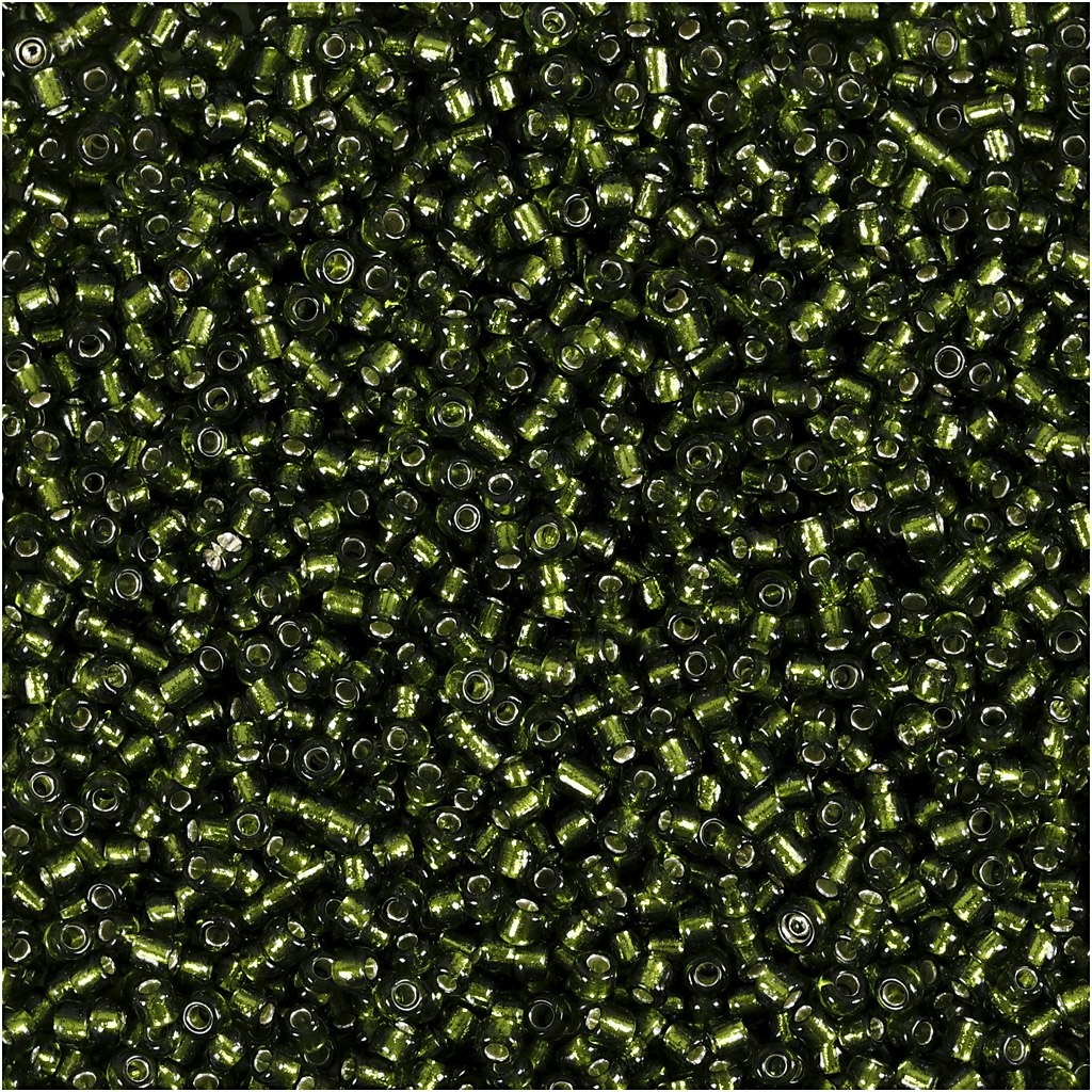 Rocaipärlor, Dia. 1,7 mm, stl. 15/0 , Hålstl. 0,5-0,8 mm, gräsgrön, 25 g/ 1 förp.