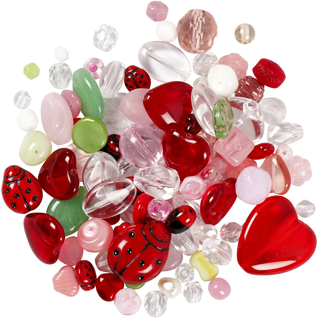 Glaspärlor, nyckelpiga, blad, hjärtan, Dia. 5-22 mm, Hålstl. 0,5-1,5 mm, mixade färger, 350 g/ 1 förp.
