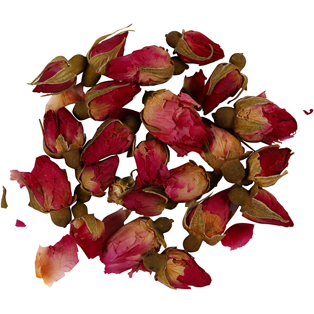 Torkade blommor, Rosenknoppar, L: 1 - 2 cm, Dia. 0,6 - 1 cm, mörkrosa, 1 förp.