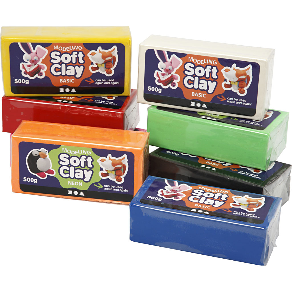 Soft Clay modellera, stl. 13x6x4 cm, mixade färger, 8x500 g/ 1 förp.