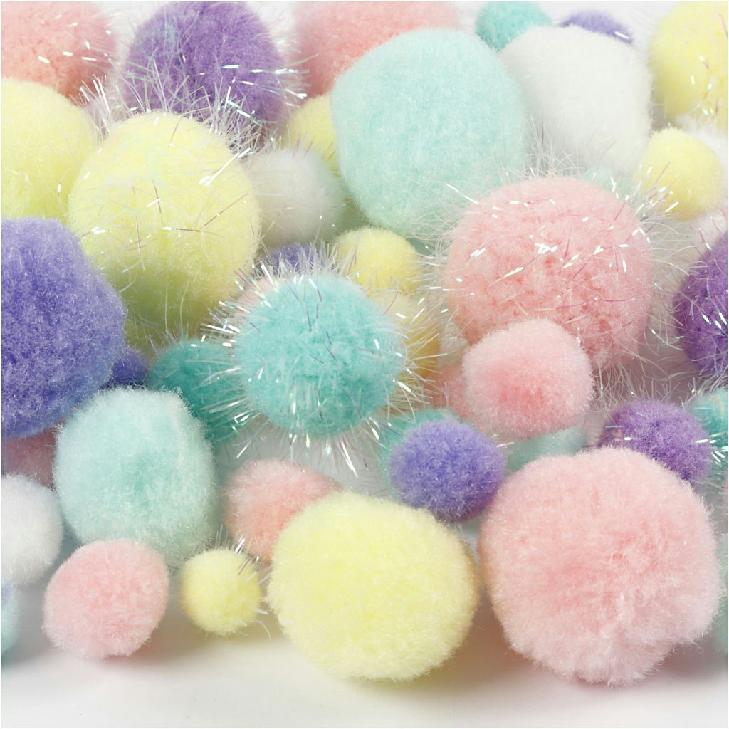 Pompoms, Dia. 15-40 mm, glitter, pastellfärger, 400 g/ 1 förp.