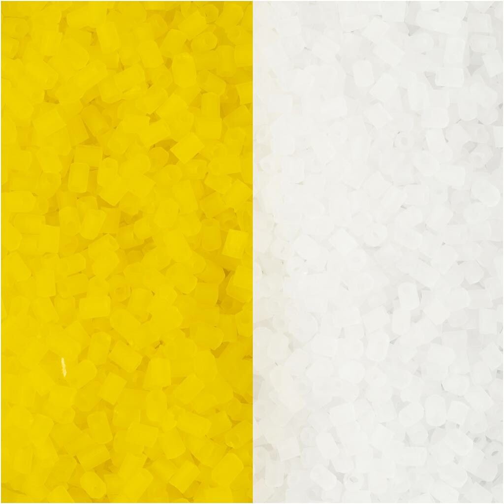 Rocaipärlor, 2-cut, Dia. 1,7 mm, stl. 15/0 , Hålstl. 0,5 mm, vit, transparent gul, 2x7 g/ 1 förp.