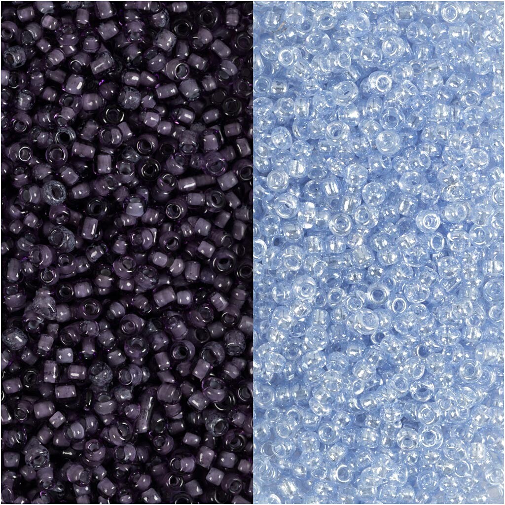 Rocaipärlor, Dia. 1,7 mm, stl. 15/0 , Hålstl. 0,5-0,8 mm, ljusblå, mörkblå, 2x7 g/ 1 förp.